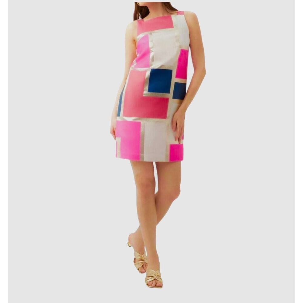 Trina Turk NWT Metallic Geometric Colorblock Shift Dress Pink Gold Size 6 $298